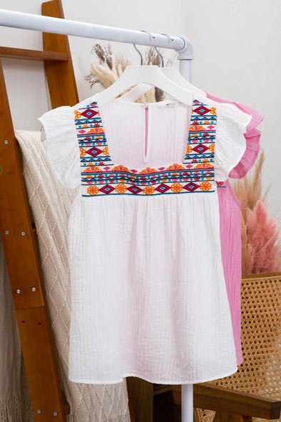 Blue Pepper Embroidered Square Neck Top - White