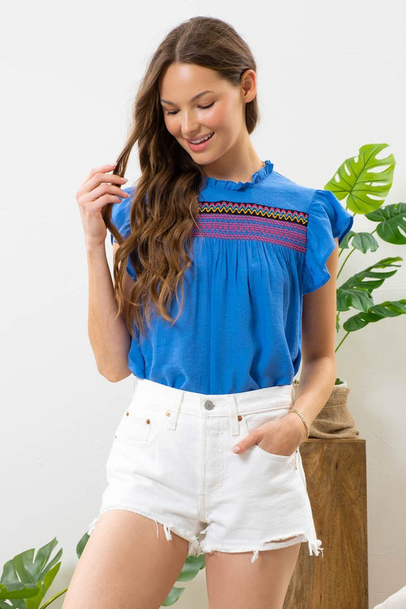 Blue Pepper Embroidered Mock Neck Top - Cobalt