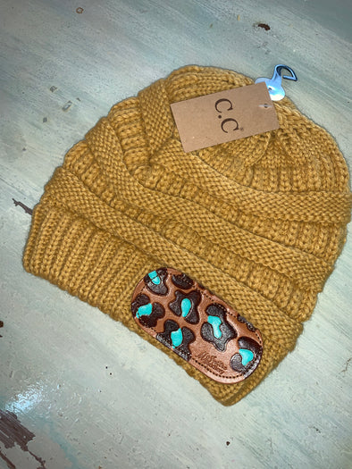 McIntire Saddlery Beanie w/ Turquoise Leopard Leather Patch